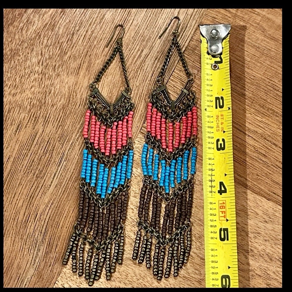 Bohemian Boho Chic Hippie Tribal Multi Color 6” Fringe Seed Bead Earrings - Picture 4 of 4